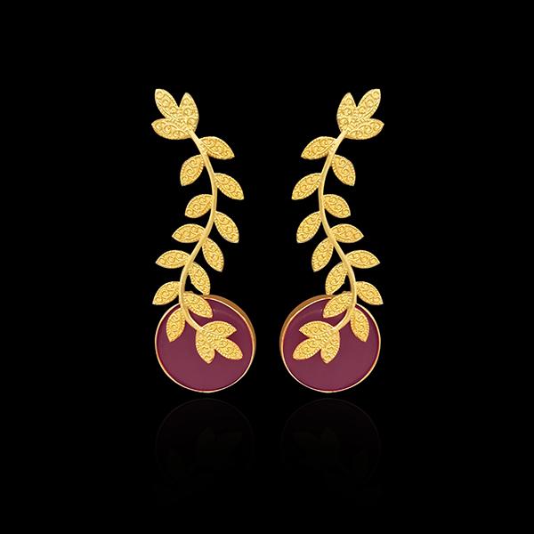 Urthn Gold Plated Purple Resin Stone Leaf Design Dangler Earrings - 1313102B