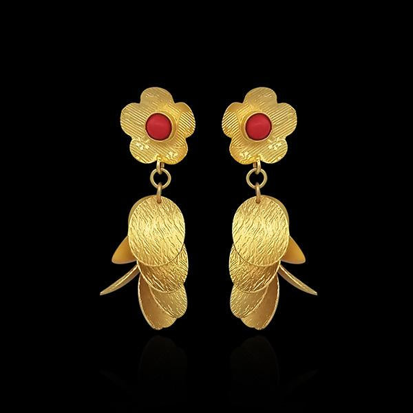 Urthn Maroon Pota Stone Gold Plated Dangler Earrings - 1313103B