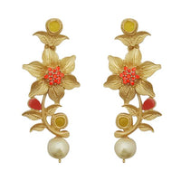 Kriaa Red Austrian Stone Gold Plated Floral Dangler Earrings