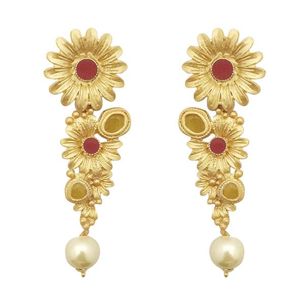 Kriaa Maroon Pota Stone Gold Plated Floral Dangler Earrings