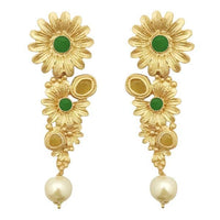 Kriaa Green Pota Stone Gold Plated Floral Pearl Dangler Earrings