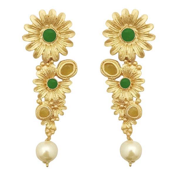 Kriaa Green Pota Stone Gold Plated Floral Pearl Dangler Earrings