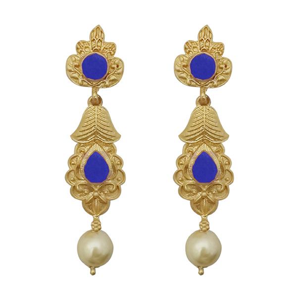 Kriaa Blue Pota Stone Gold Plated Pearl Drop Dangler Earrings
