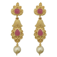 Kriaa Pink Pota Stone Gold Plated Pearl Dangler Earrings - 1313111D