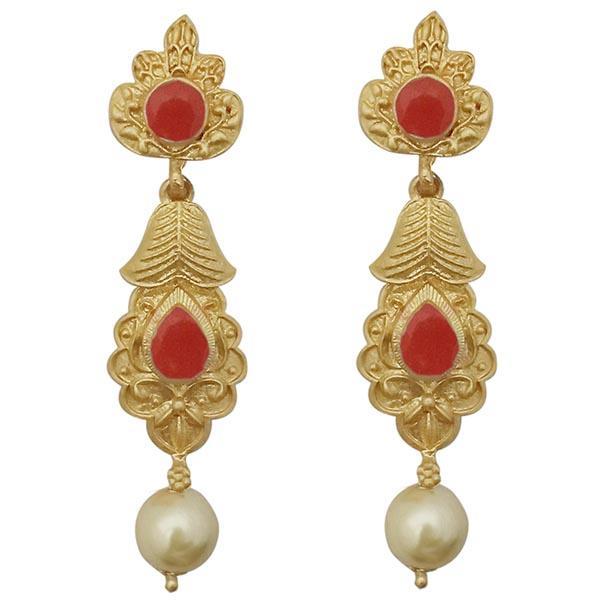 Kriaa Red Pota Stone Gold Plated Pearl Dangler Earrings