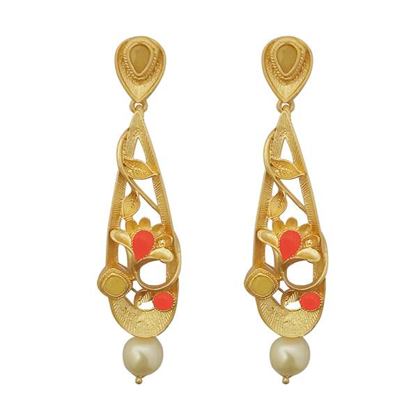 Kriaa Orange Austrian Stone Pearl Drop Gold Plated Dangler Earrings