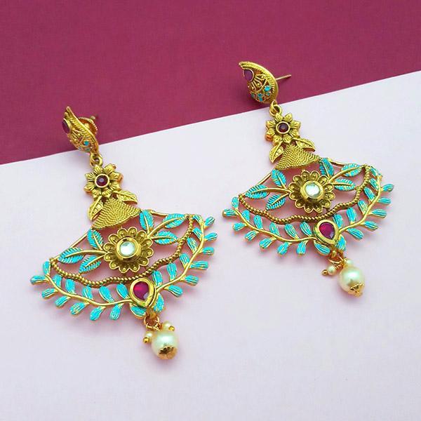 Nikita Arts Gold Plated Stone And Blue Meenakari Copper Matte Dangler Earrings - 1313118B