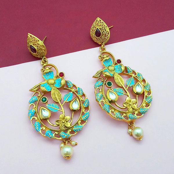 Nikita Arts Gold Plated Stone And Blue Meenakari Copper Matte Dangler Earrings - 1313119B