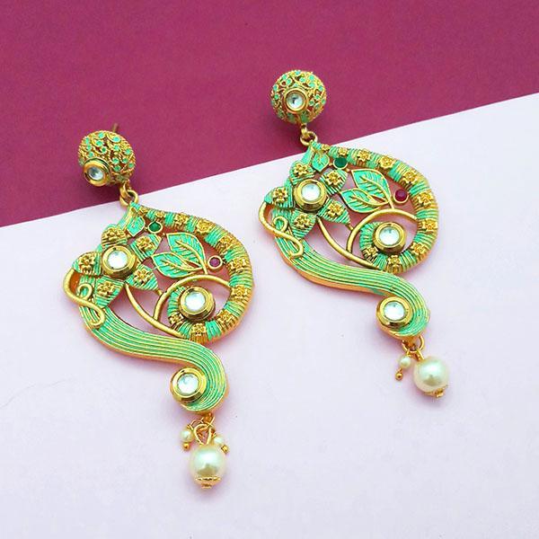 Nikita Arts Gold Plated Stone And Green Meenakari Copper Matte Dangler Earrings - 1313120C