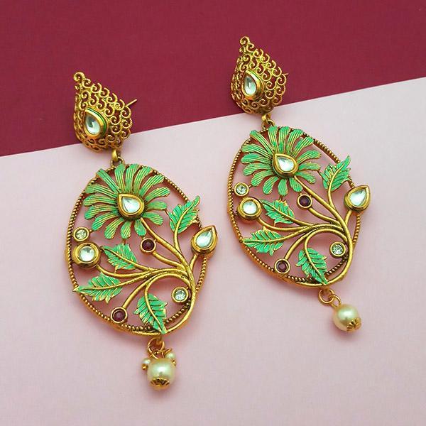 Nikita Arts Gold Plated Stone And Green Meenakari Copper Matte Dangler Earrings - 1313121C