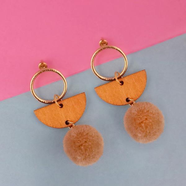 Urthn Brown Wood Pom Pom Earrings - 1313204F