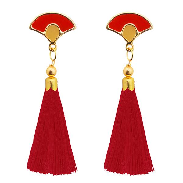 Jeweljunk Gold Plated Red Thread Tassel Earrings - 1313302C