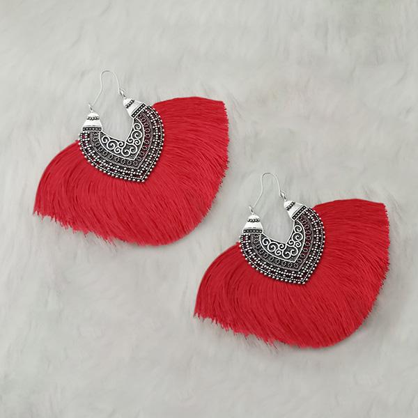 Jeweljunk Red Thread Rhodium Plated Thread Earrings - 1313319F