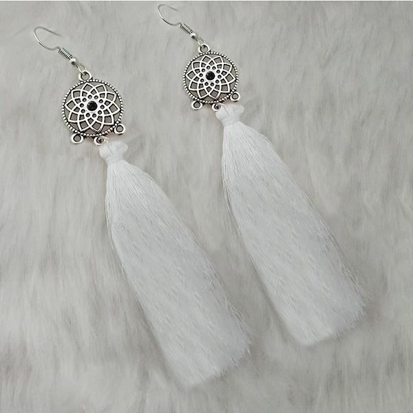 Tip Top Fashions White Thread Rhodium Plated Tassel Earrings - 1313323E