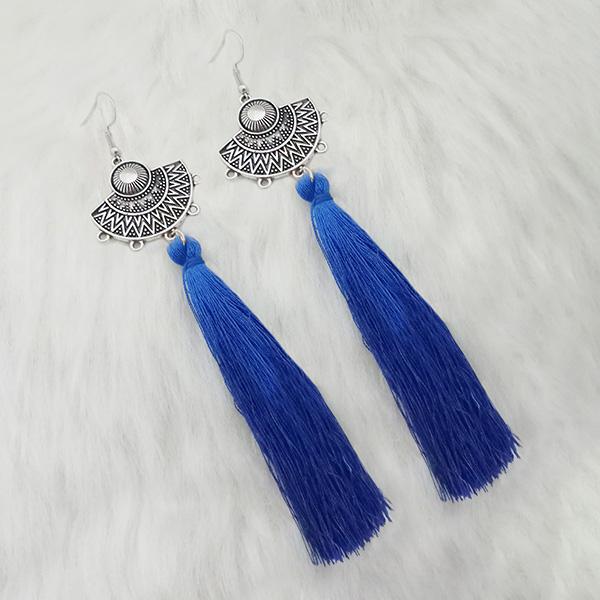 Tip Top Fashions Blue Thread Rhodium Plated Tassel Earrings - 1313324D