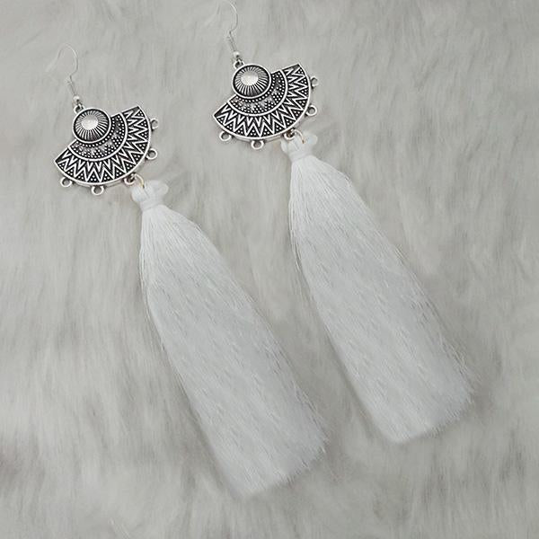 Jeweljunk White Thread Rhodium Plated Tassel Earrings - 1313324E