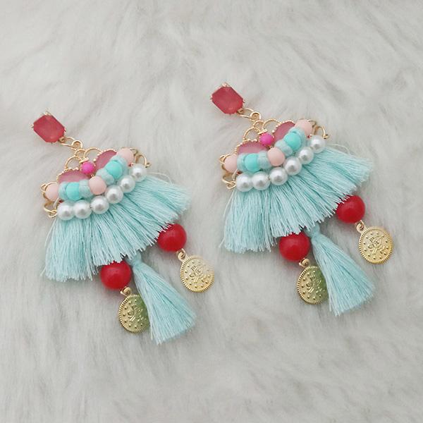Jeweljunk Blue Thread Multi Stone Gold Plated Tassel Earrings - 1313332D