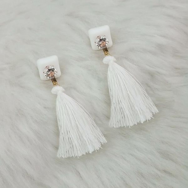 Jeweljunk Austrian Stone White Thread Tassel Earrings - 1313423B