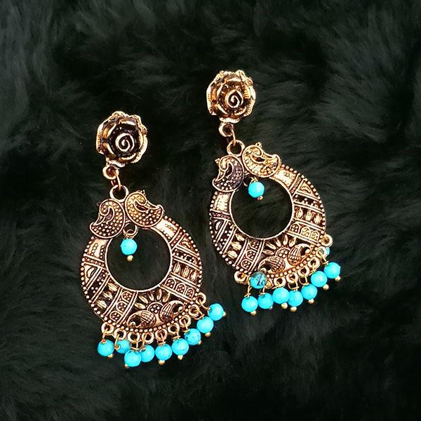 Jeweljunk Blue Beads Antique Gold Plated Dangler Earrings - 1313503D