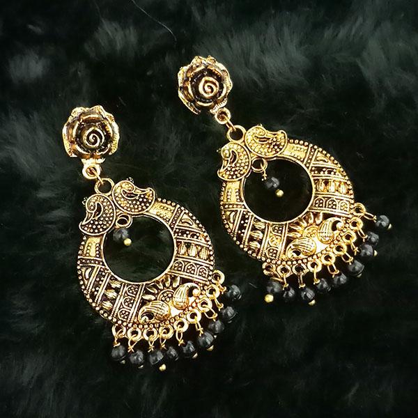 Jeweljunk Black Beads Antique Gold Plated Dangler Earrings - 1313503E