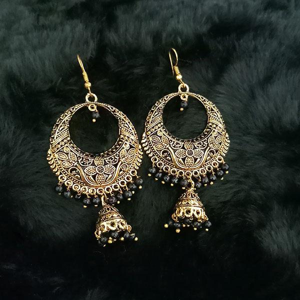 Jeweljunk Black Beads Antique Gold Plated Jhumki Earrings - 1313504D