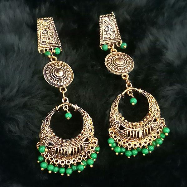 Jeweljunk Green Beads Antique Gold Plated Dangler Earrings - 1313505E