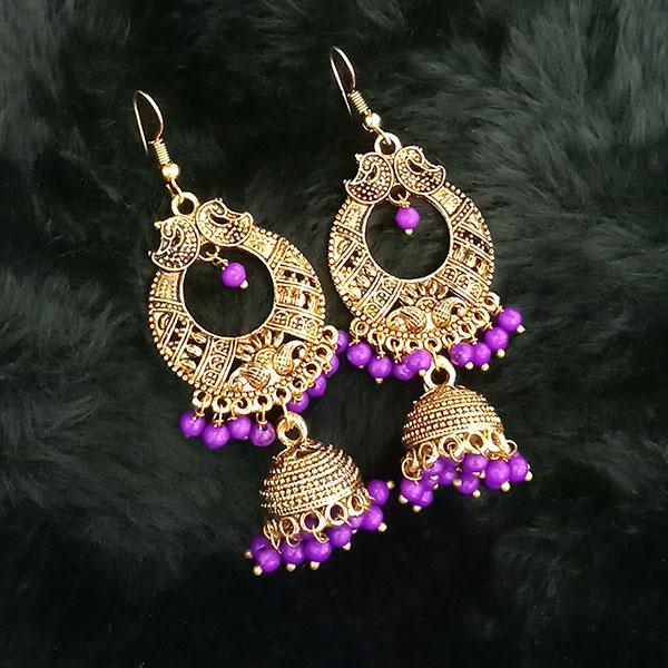 Tip Top Fashions Purple Beads Antique Gold Plated Jhumki Earrings - 1313507B