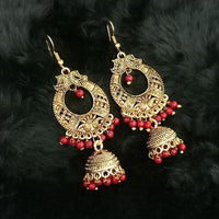 Jeweljunk Maroon Beads Antique Gold Plated Jhumki Earrings - 1313507G