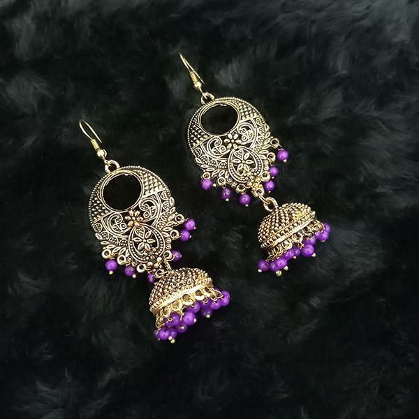 Tip Top Fashions Purple Beads Antique Gold Plated Jhumki Earrings - 1313508A