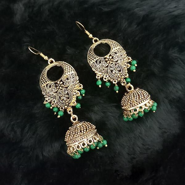 Jeweljunk Green Beads Antique Gold Plated Jhumki Earrings - 1313508E