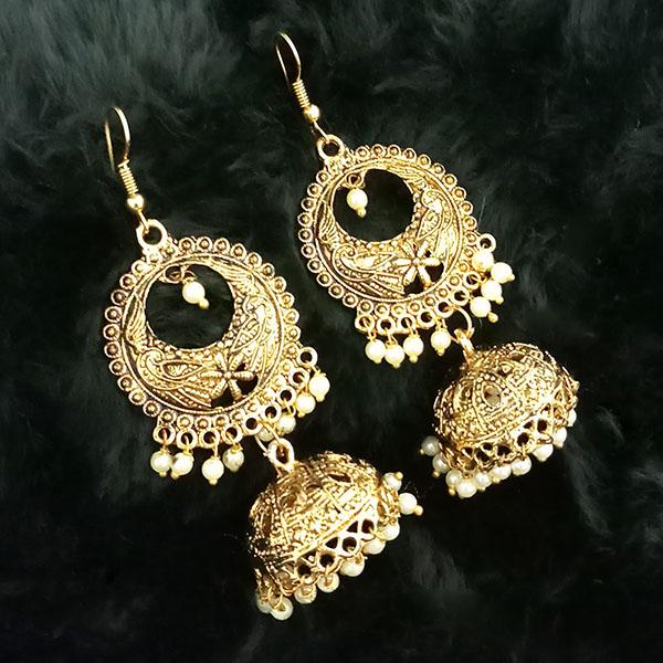 Tip Top Fashions White Beads Antique Gold Plated Jhumki Earrings - 1313509