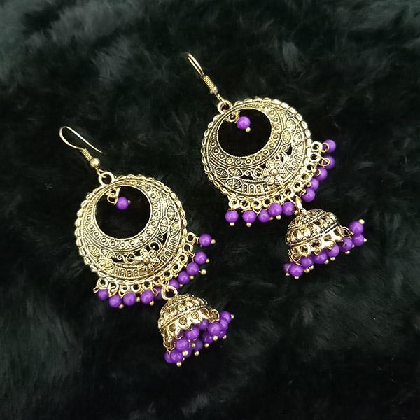 Tip Top Fashions Purple Beads Antique Gold Plated Jhumki Earrings - 1313514A