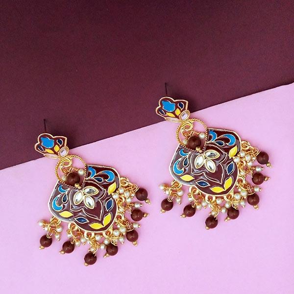 Kriaa Brown Meenakari Kundan Gold Plated Dangler Earrings - 1314206B