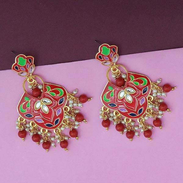 Kriaa Gold Plated Red Meenakari Kundan Dangler Earrings - 1314206E