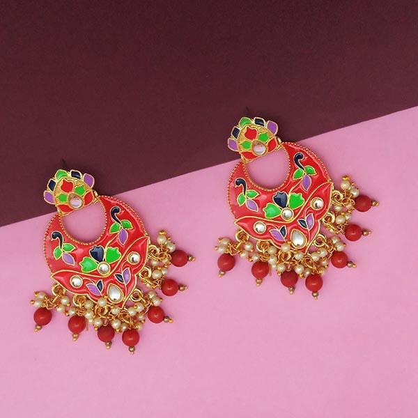 Kriaa Red Meenakari And Beads Kundan Dangler Earrings - 1314212D