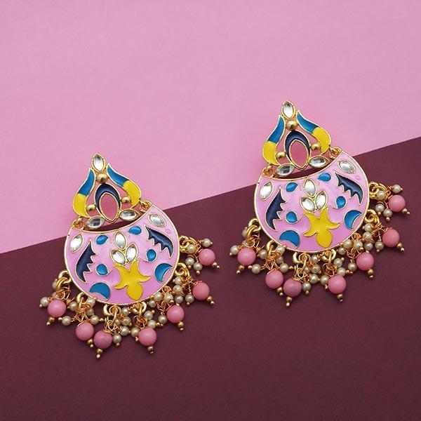 Kriaa Pink Meenakari And Beads Kundan Dangler Earrings - 1314215C