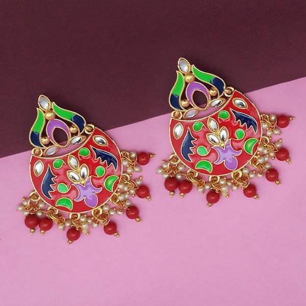 Kriaa Red Meenakari And Beads Kundan Dangler Earrings - 1314215D