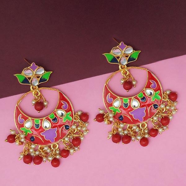 Kriaa Red Meenakari And Beads Kundan Dangler Earrings - 1314216D
