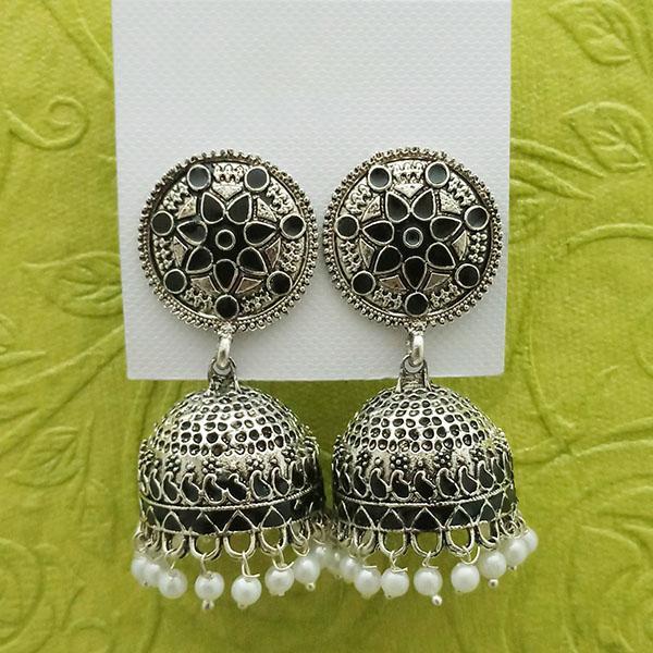 Kriaa Black Meenakari And Beads Silver Plated Jhumki Earrings - 1314233B