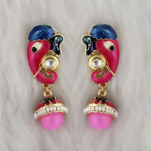 Kriaa Kundan Stone Ganesha Red Meenakari Dangler Earrings - 1314427C