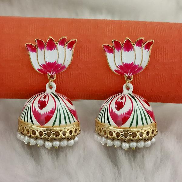 Kriaa Red Meenakari Lotus Jhumka Earrings - 1314429F