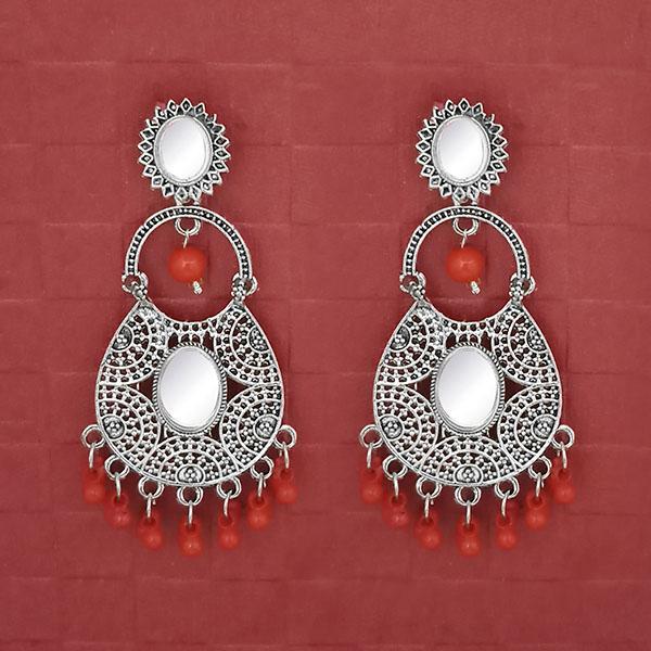 Jeweljunk Silver Plated Red Beads Mirror Dangler Earrings - 1314747E