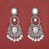 Jeweljunk Silver Plated White Beads Mirror Dangler Earrings - 1314747G
