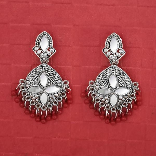 Jeweljunk Silver Plated Maroon Beads Mirror Dangler Earring - 1314748C