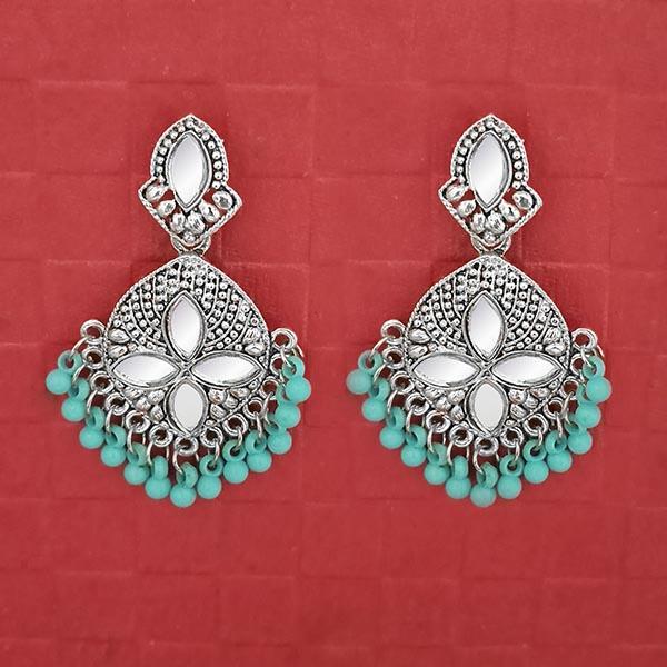 Jeweljunk Silver Plated Blue Beads Mirror Dangler Earrings - 1314748D