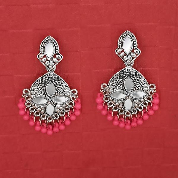 Jeweljunk Silver Plated Pink Beads Mirror Dangler Earrings - 1314748K