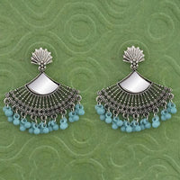 Jeweljunk Silver Plated Blue Beads Mirror Jhumki Earrings - 1314788B