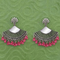 Jeweljunk Silver Plated Pink Beads Mirror Jhumki Earrings - 1314788E