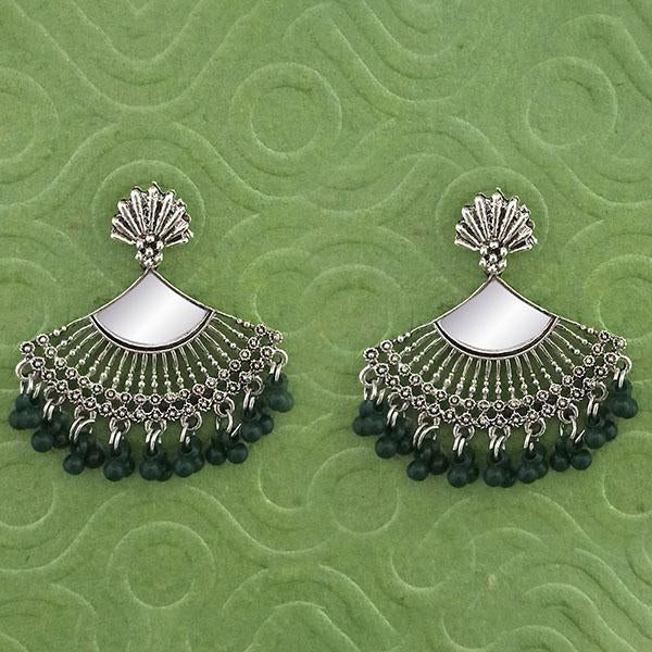 Jeweljunk Silver Plated Green Beads Mirror Jhumki Earrings - 1314788G