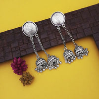 Jeweljunk Oxidised Plated  Two Line Chain Jhumki Earrings